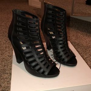 Black leather cage heels